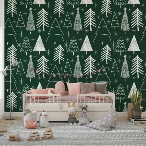 Forest Green Whimsical Evergreen Tree Wallpaper