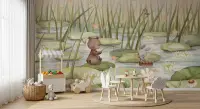 Playful Bear and Bunny Pond Adventure Wall Mural