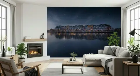 Starry Night Lakeside Village Wall Mural