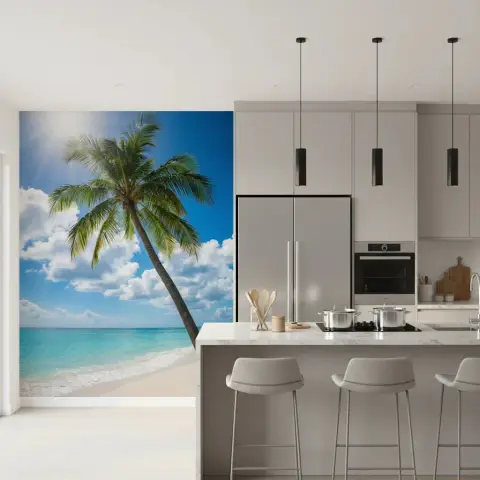 Sunny Palm Fronds and Blue Cloud Sky Wallpaper
