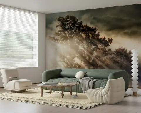 Sunlit Forest Mist Scenic Wallpaper