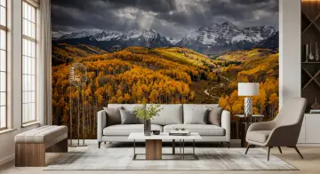 Sunlit Golden Aspen Valley Mountain Mural