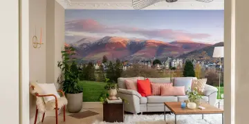 Panoramic Mountain Village Wall Mural with Warm Hues