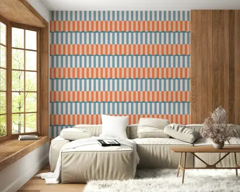 Coral Blue Scallop Stripe Pattern Wallpaper