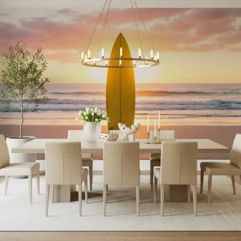 Golden Sunset Surfboard Beach Wall Mural