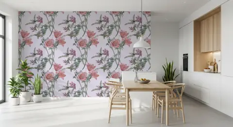 Elegant Pink Poppy and Lilac Botanical Wallpaper