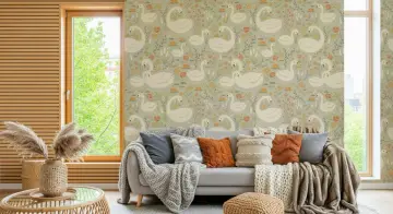 Graceful Swan and Floral Pattern Wallpaper