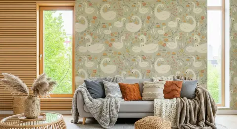 Graceful Swan and Floral Pattern Wallpaper