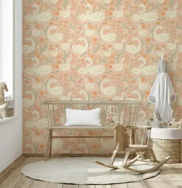 Whimsical Swan and Peach Floral Wallpaper Mural
