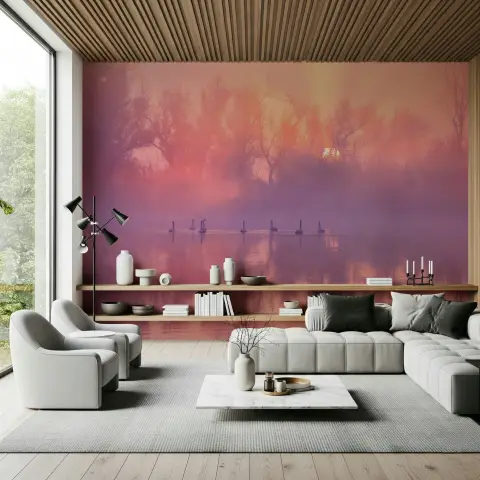 Misty Lake Swans Sunset Wall Mural