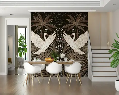 Elegant Swan & Palm Night Sky Wall Mural