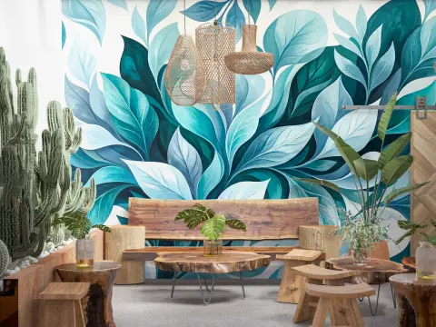 Vibrant Teal Botanical Leaves Custom Wall Mural