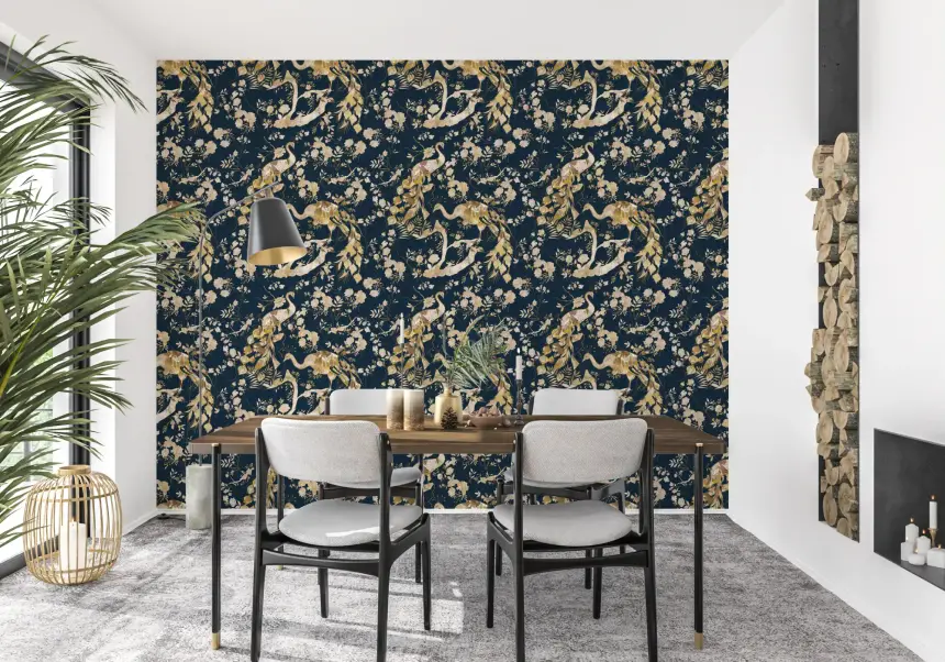 Teal & Gold Peacock Wallpaper