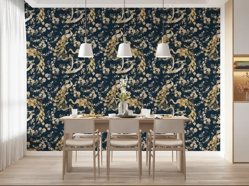 Teal & Gold Peacock Wallpaper