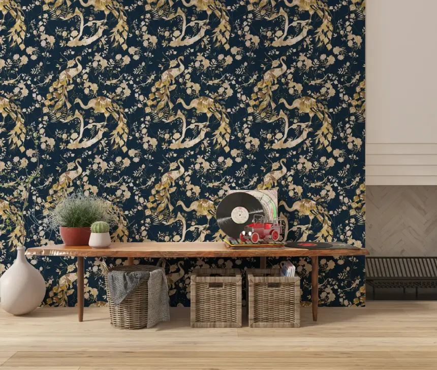 Teal & Gold Peacock Wallpaper