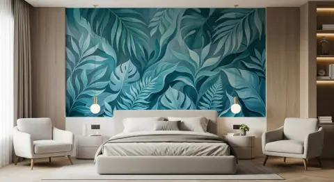 Abstract Teal Botanical Leaf Wall Mural