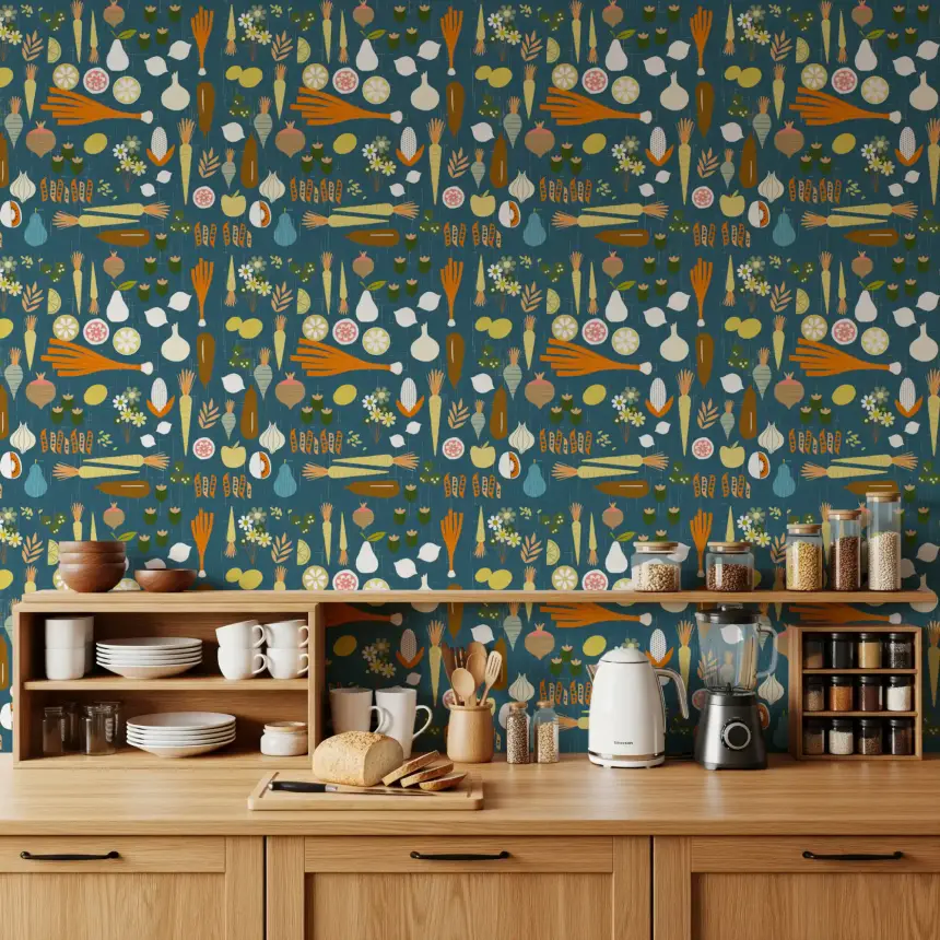 Teal Vegetable Wallpaper Retro Kitchen Wallpaper