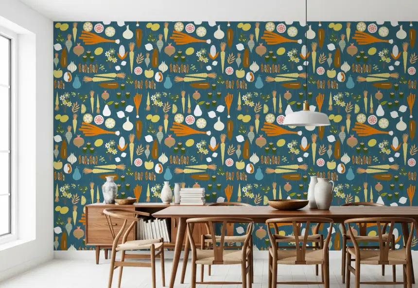 Teal Vegetable Wallpaper Retro Kitchen Wallpaper
