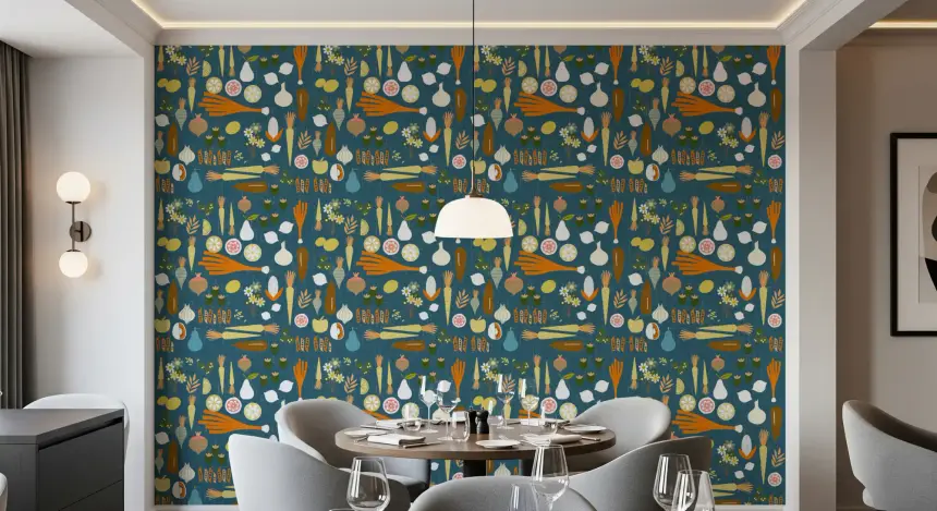 Teal Vegetable Wallpaper Retro Kitchen Wallpaper