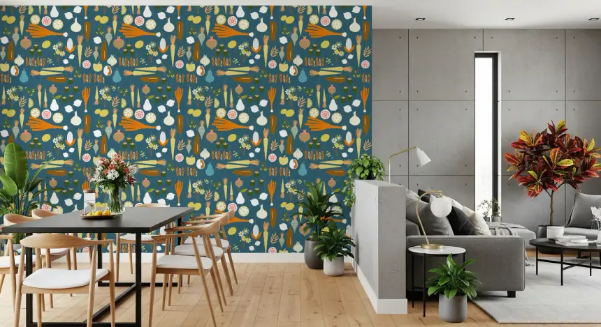 Teal Vegetable Wallpaper Retro Kitchen Wallpaper