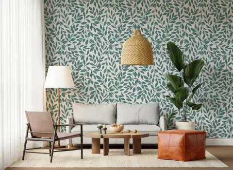 Elegant Teal Botanical Leaf Pattern Wallpaper