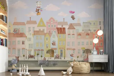 Whimsical Teddy Bear Town Wall Mural