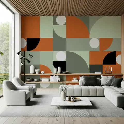 Modern Geometric Terracotta and Sage Wall Mural