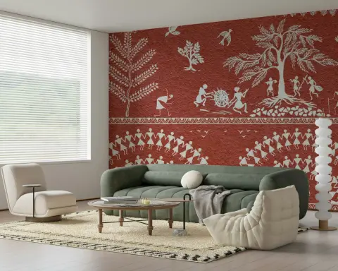 Warli Folk Art Terracotta Village Life Wall Mural