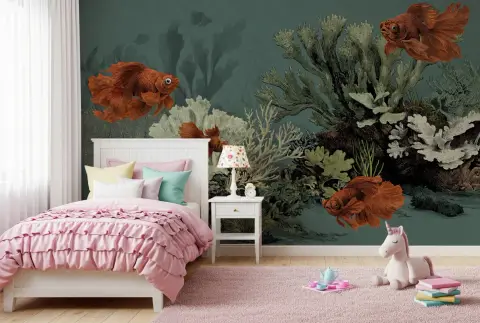 Vintage Goldfish and Coral Reef Aquatic Wall Mural