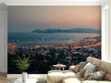 Panoramic Coastal Cityscape Wall Mural at Dusk