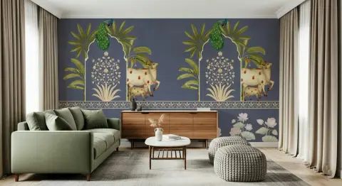 Indian Heritage Peacock & Sacred Cow Wall Mural