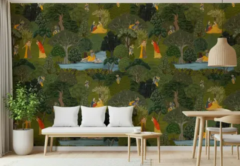 Pichwai Forest Radha Krishna Leela Wall Mural