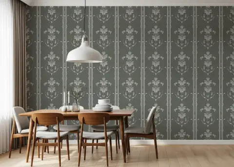 Classic Grey Damask Botanical Stripe Wallpaper