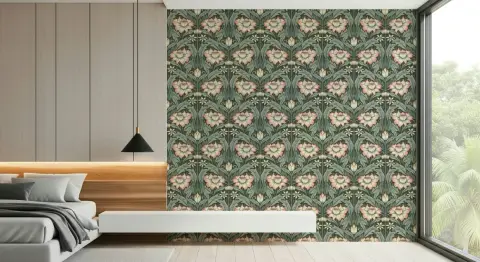 Vintage Forest Green Lotus Bloom Pattern Wallpaper