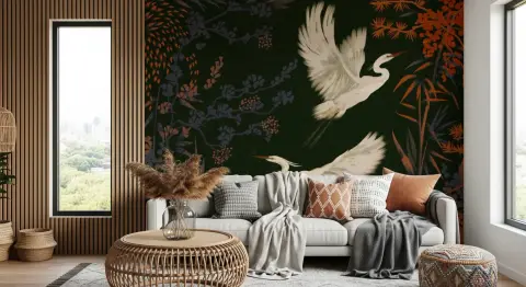 Chinoiserie Flying Herons Botanical Wall Mural