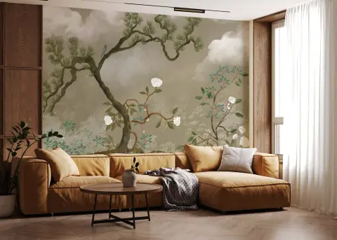 Chinoiserie Pine Tree and Bird Wall Mural