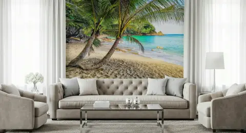 Exotic Tropical Beach with Leaning Palms Wall Mural
