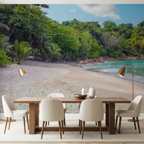 Lush Jungle Bordered Sandy Beach Wallpaper Mural