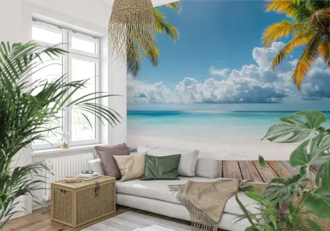 Framed Palm Trees Over Turquoise Beach Wallpaper Mural
