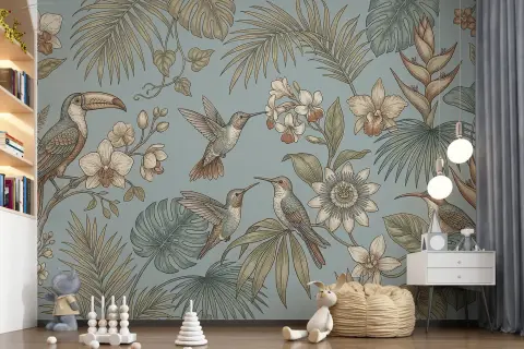 Exotic Tropical Birds and Botanical Wall Mural
