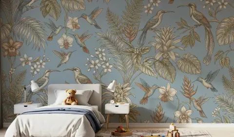Vintage Tropical Birds and Botanical Wall Mural