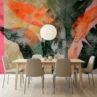 Distressed Tropical Foliage Pink Orange Green Wallpaper