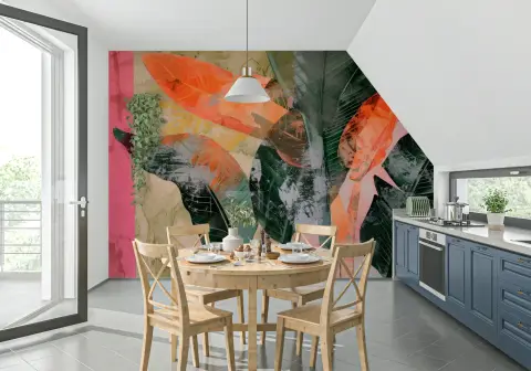 Distressed Tropical Foliage Pink Orange Green Wallpaper