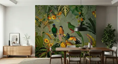 Tropical Birds and Vintage Map Wall Mural