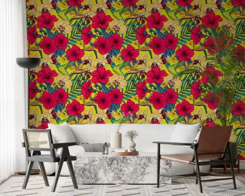 Fuchsia Hibiscus Cream Orchid Yellow Hummingbird Wallpaper