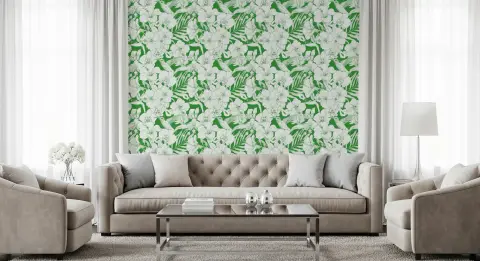 Green and White Tropical Floral Hummingbird Wallpaper