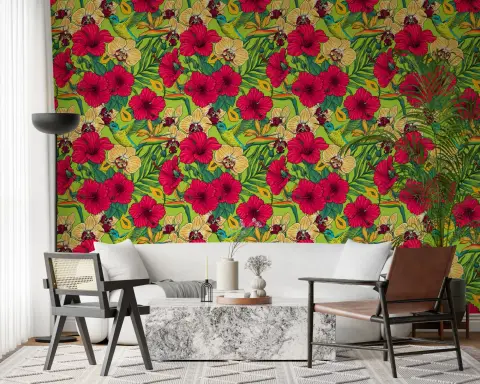 Chartreuse Jungle Hummingbird Orchid Hibiscus Wallpaper