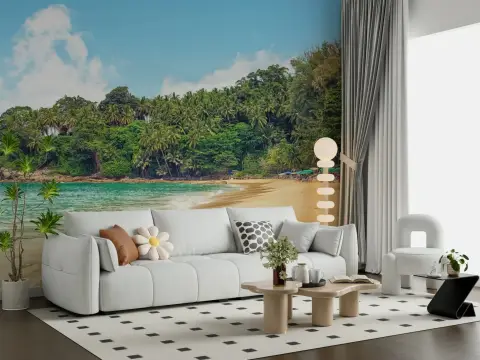 Golden Sand Turquoise Beach Lush Palm Forest Wallpaper Mural