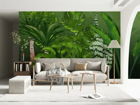 Illustrative Tropical Jungle Leaves Wall Mural