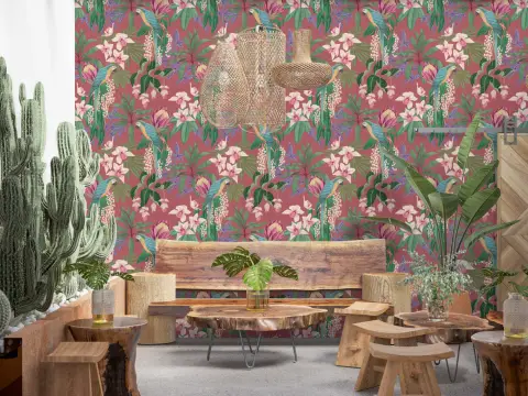 Maroon Paradise Parrot and Orchid Jungle Wallpaper